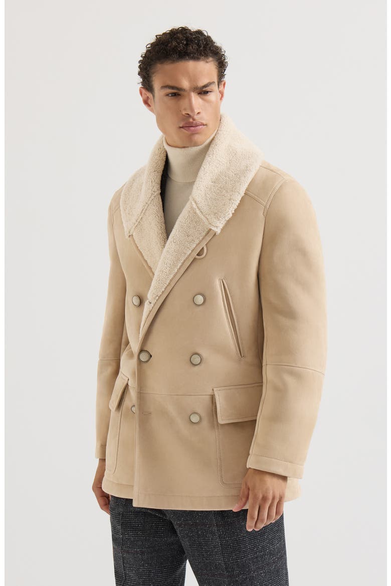 Suede curly shearling pea coat with shawl collar, Main, color, Sand