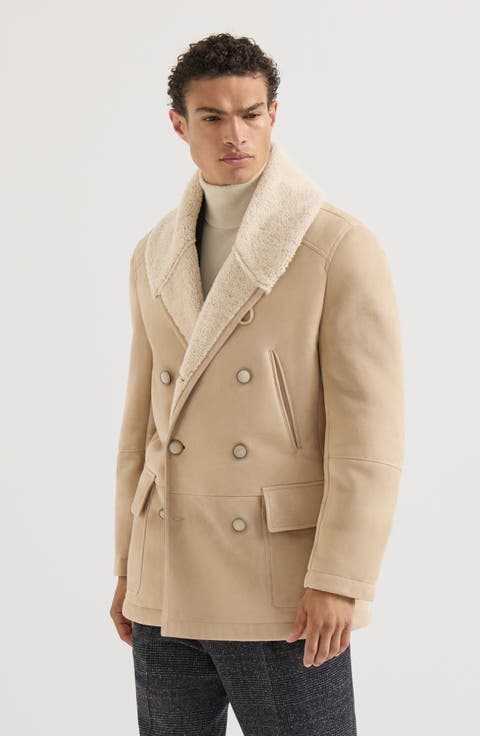 Suede curly shearling pea coat with shawl collar