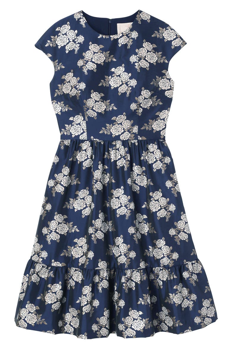 Jenny Wallpaper Rose Jacquard Fit & Flare Dress, Alternate, color, NAVY
