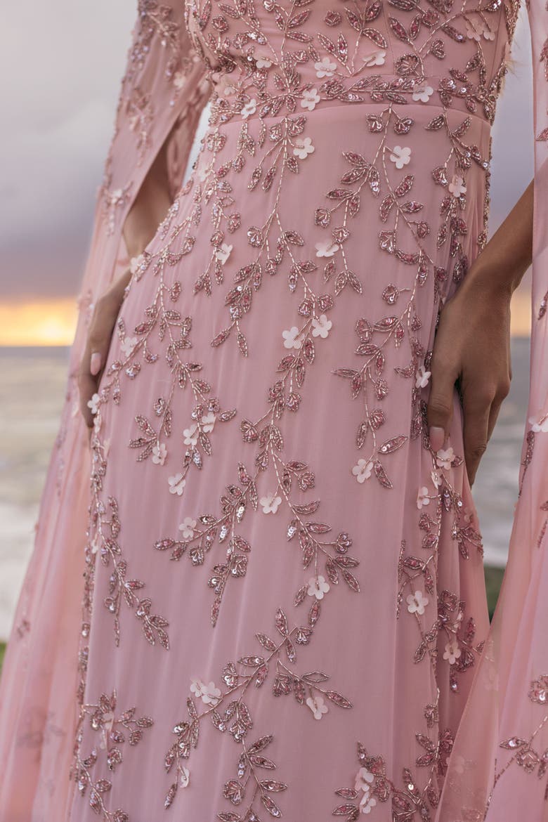 Beaded Georgette Square Neck Cape Sleeve Gown, Alternate, color, Rose