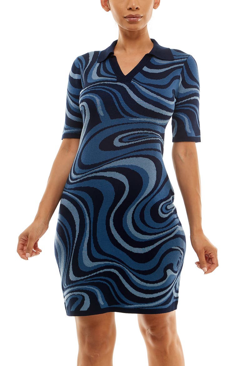 Johnny Collar Groovy Swirl Jacquard Sweater Dress, Alternate, color, NAVY MULTI
