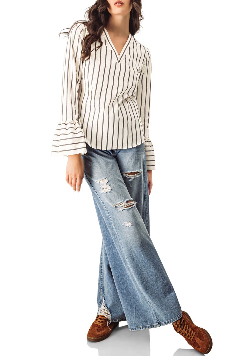 Striped V-Neck Oversized Shirt, Alternate, color, Natural