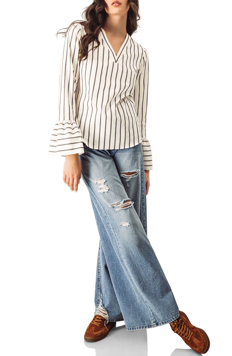 IVONNE Striped V-Neck Oversized Shirt, Alternate, color, Natural