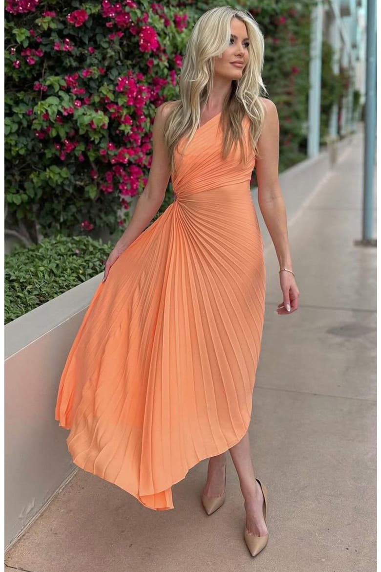 One Shoulder Pleat Midi Dress, Alternate, color, CANTALOUPE