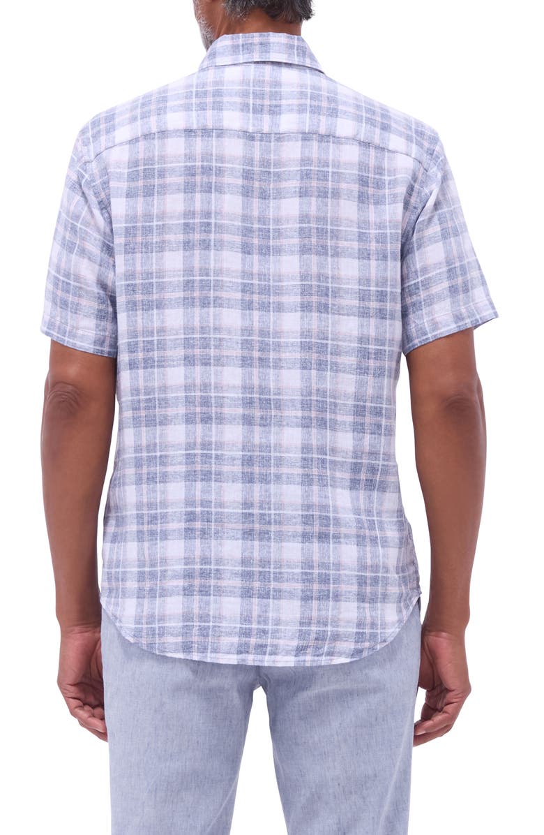 Bugatchi Orson Plaid Short Sleeve Slub Linen Button-Up Shirt, Alternate, color, Steel