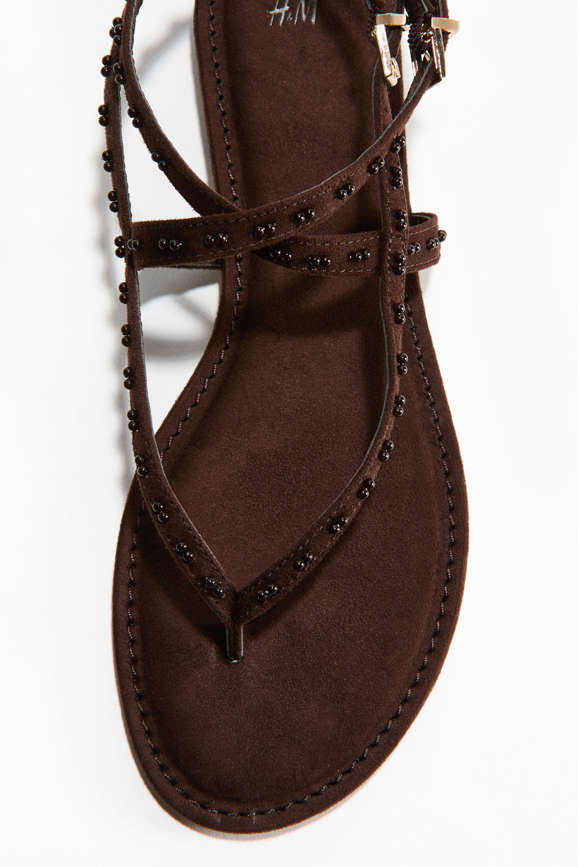 H&M Bead-detail Strappy Sandals, Main, color, Dark Brown
