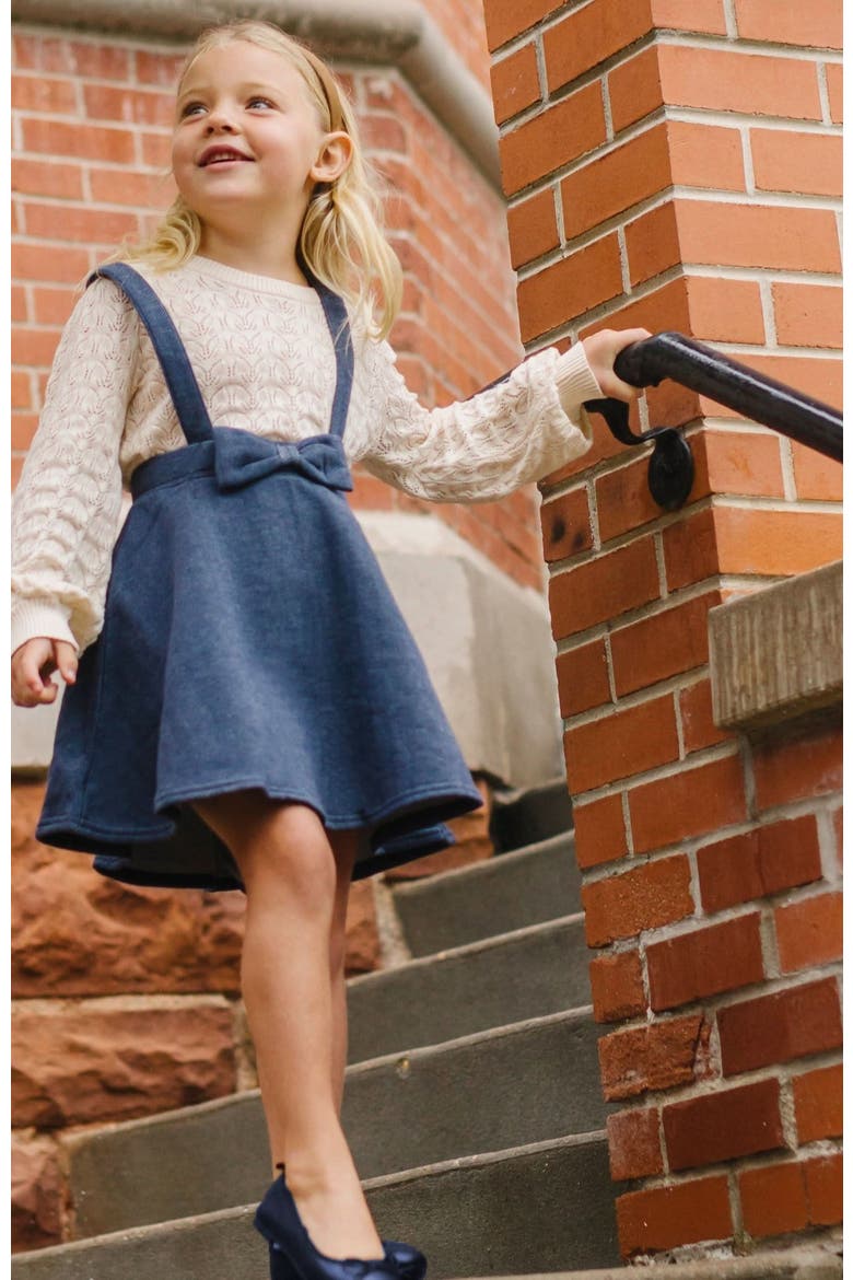 Girls' Fleece Bow Front Suspender Skirt, Toddler, Alternate, color, Navy Herringbone