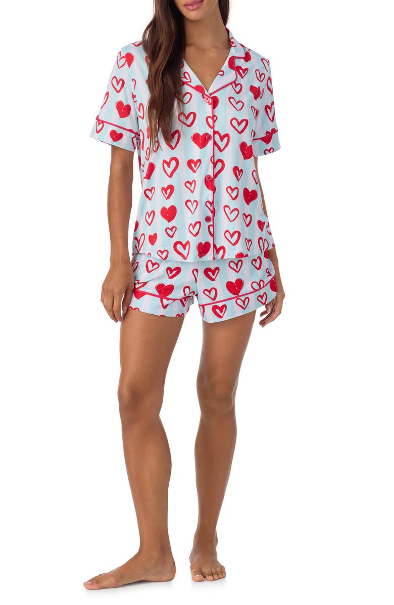 Room Service Pjs Print Short Pajamas, Main, color, Blue Stripe Hearts