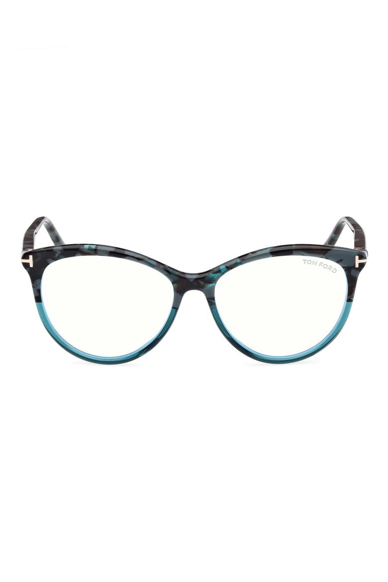 55mm Round Blue Light Blocking Glasses, Main, color, HAVANA / TEAL / T LOGO