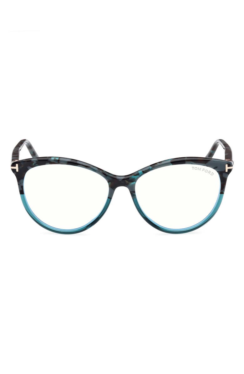 TOM FORD 55mm Round Blue Light Blocking Glasses, Main, color, Havana / Teal / T Logo