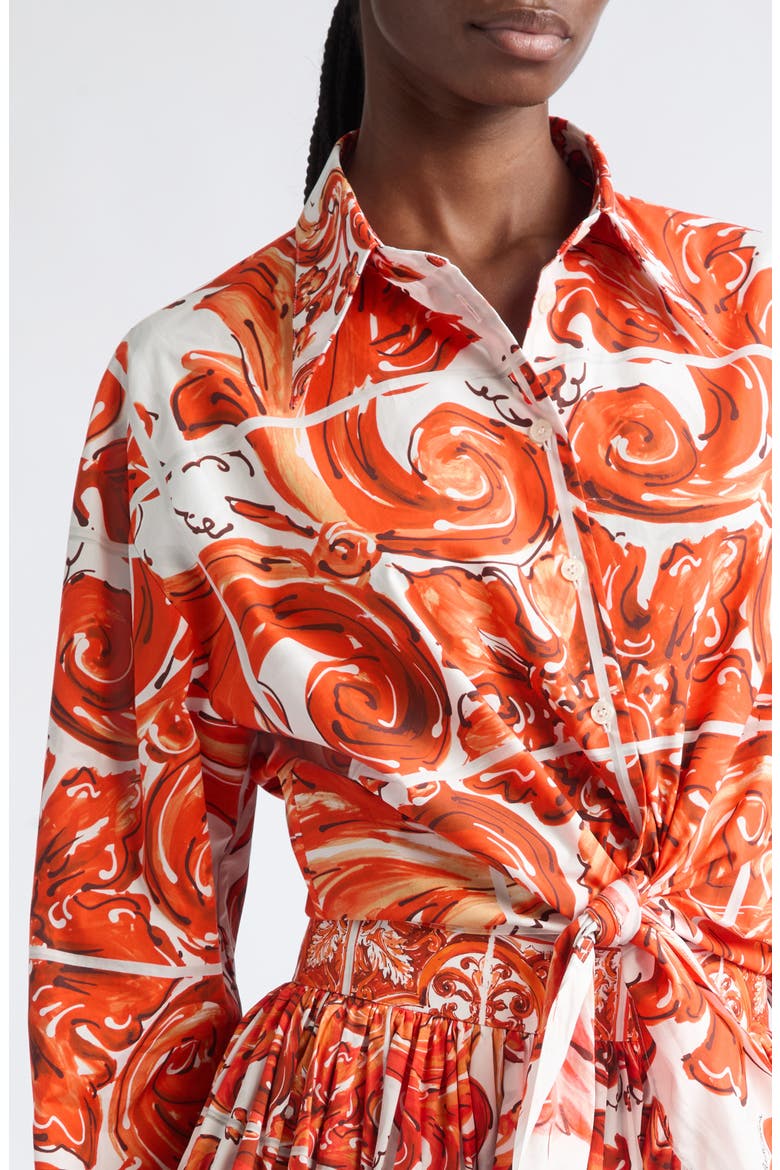 Majolica Print Tie Front Cotton Poplin Button-Up Shirt, Alternate, color, S9000 VARIANTE ABBINATA