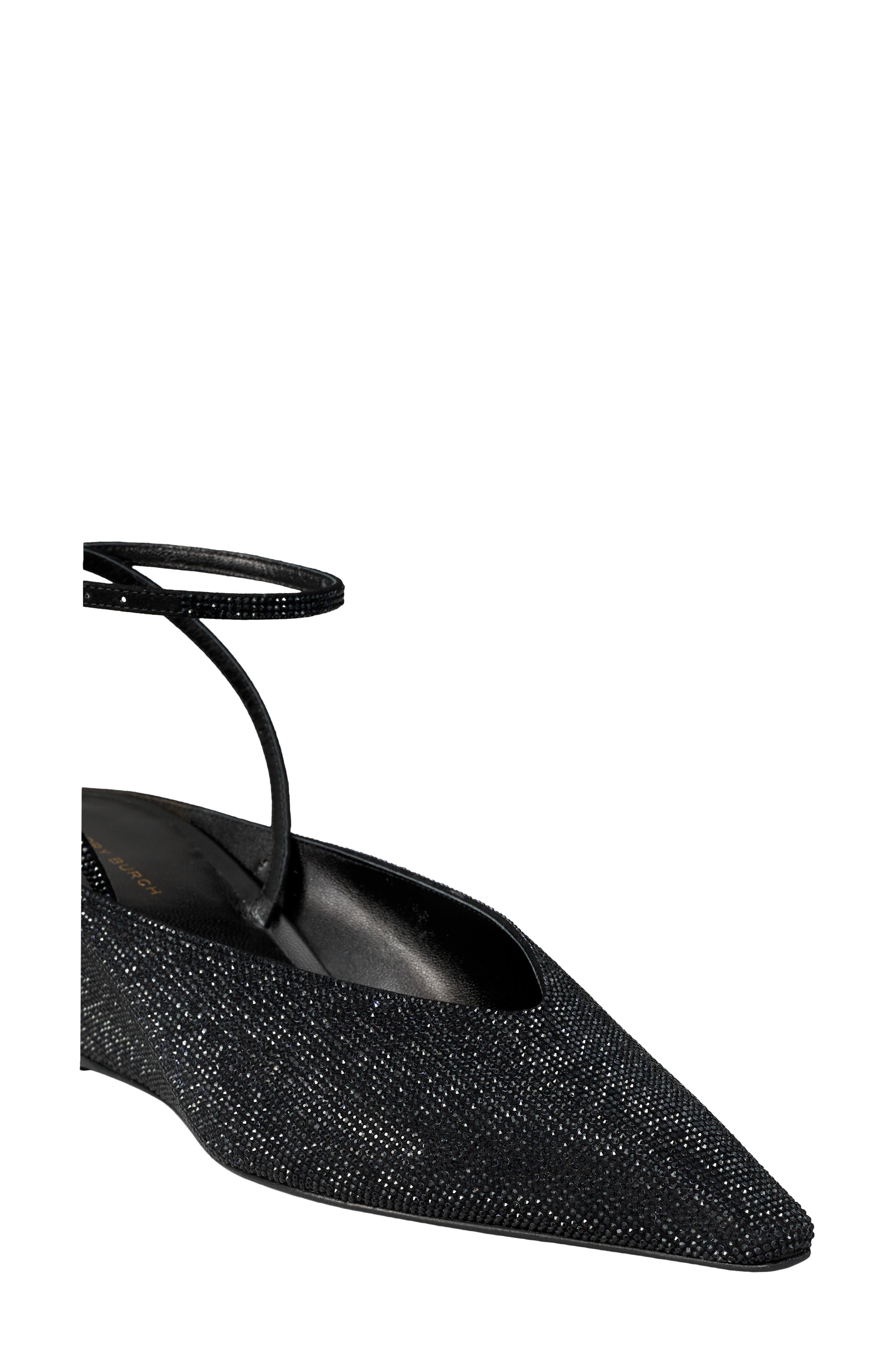 Tory Burch Ankle Strap Pavé Pointed Toe Wedge Pump, Alternate, color, Perfect Black