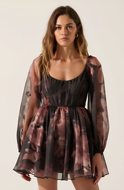 Floral Organza Bubble-Sleeve Tulle-Layered Mini Dress