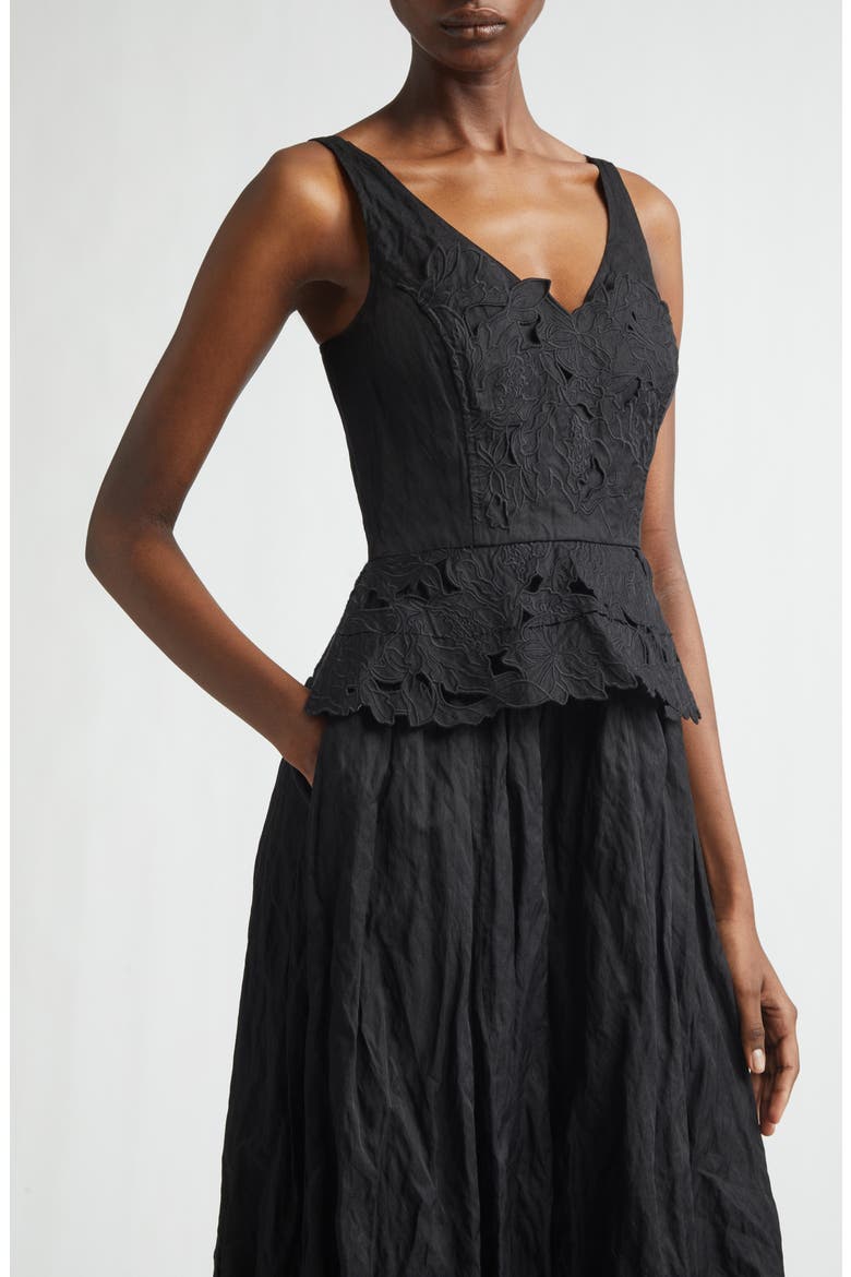 Floral Embroidered Crinkled Peplum Midi Dress, Alternate, color, BLACK