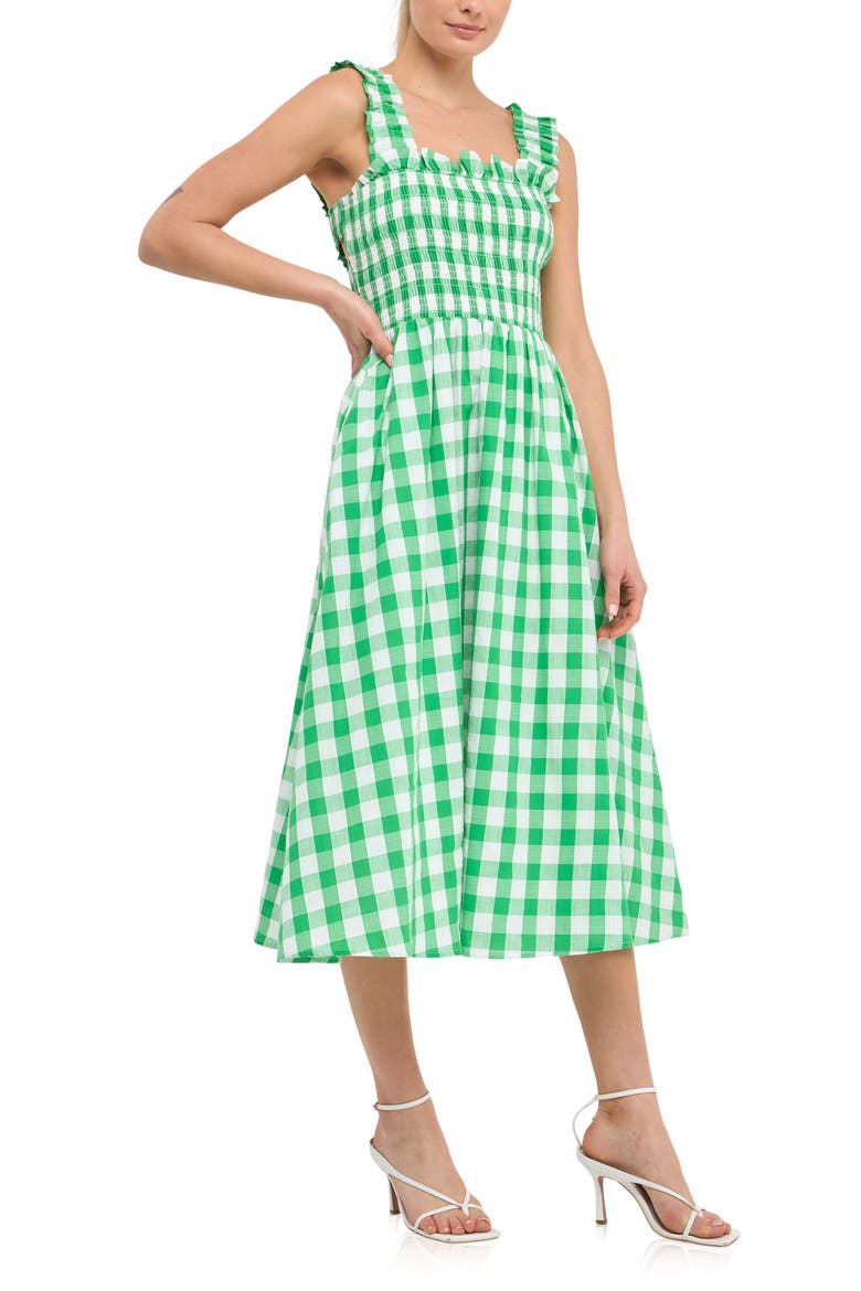 Check Print Smocked Midi Sundress, Alternate, color, GREEN