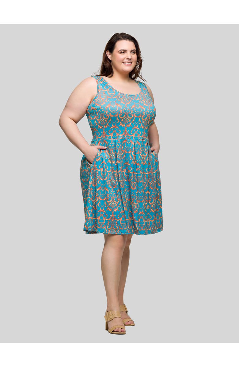 24seven Comfort Apparel Plus Size Sky Blue Abstract Print Sleeveless Pleated Knee Length Pocket Dress, Alternate, color, Blue Multi