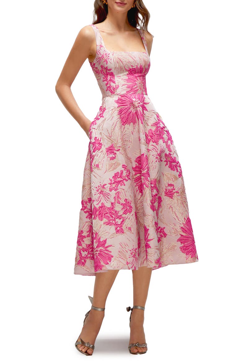 Floral Jacquard Sleeveless Fit & Flare Midi Dress, Main, color, PINK MULTI