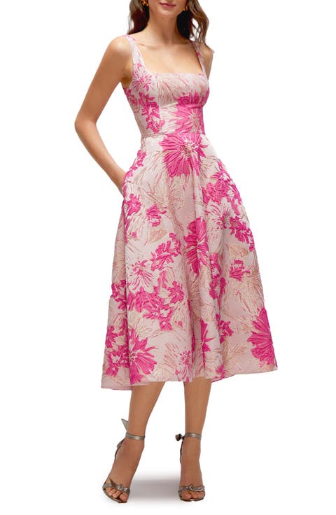 Floral Jacquard Sleeveless Fit 
Flare Midi Dress