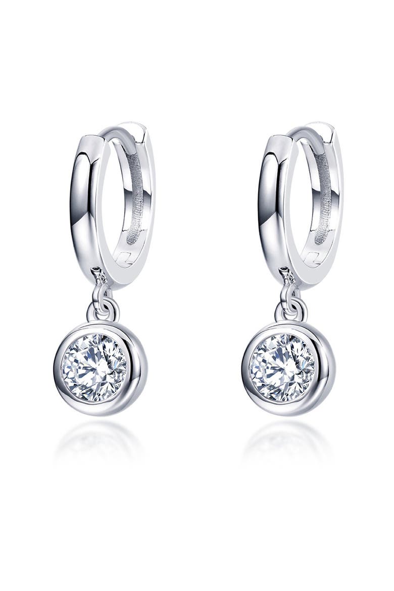 Simulated Diamond Bezel Drop Sterling Silver Huggie Hoops, Main, color, WHITE/ SILVER