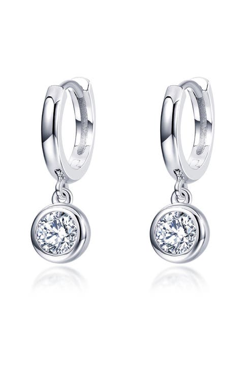 Simulated Diamond Bezel Drop Sterling Silver Huggie Hoops