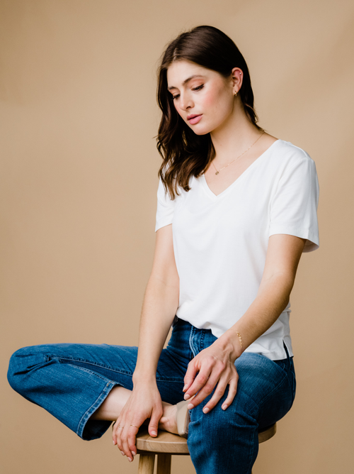 Able Meghan Drapey V-neck Tee In Almond