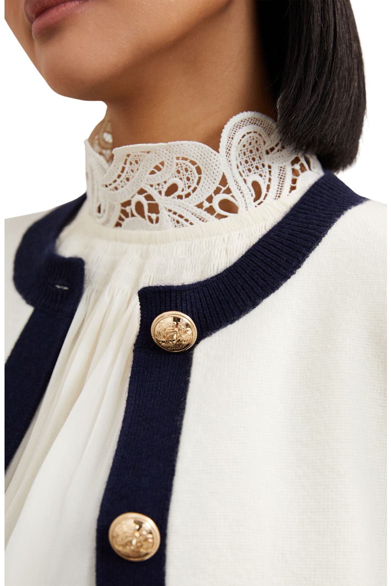 Olive Crewneck Wool & Cashmere Cardigan, Alternate, color, CREAM/ NAVY