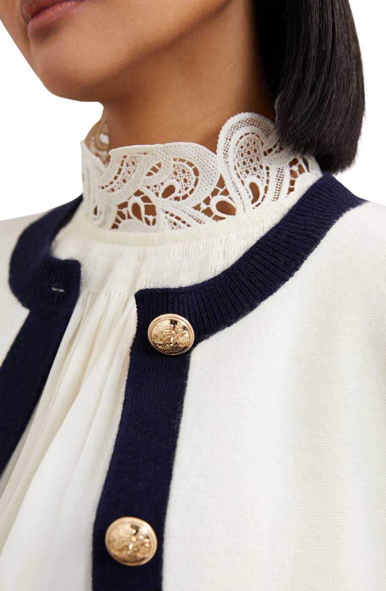 Reiss Olive Crewneck Wool & Cashmere Cardigan, Alternate, color, Cream/ Navy