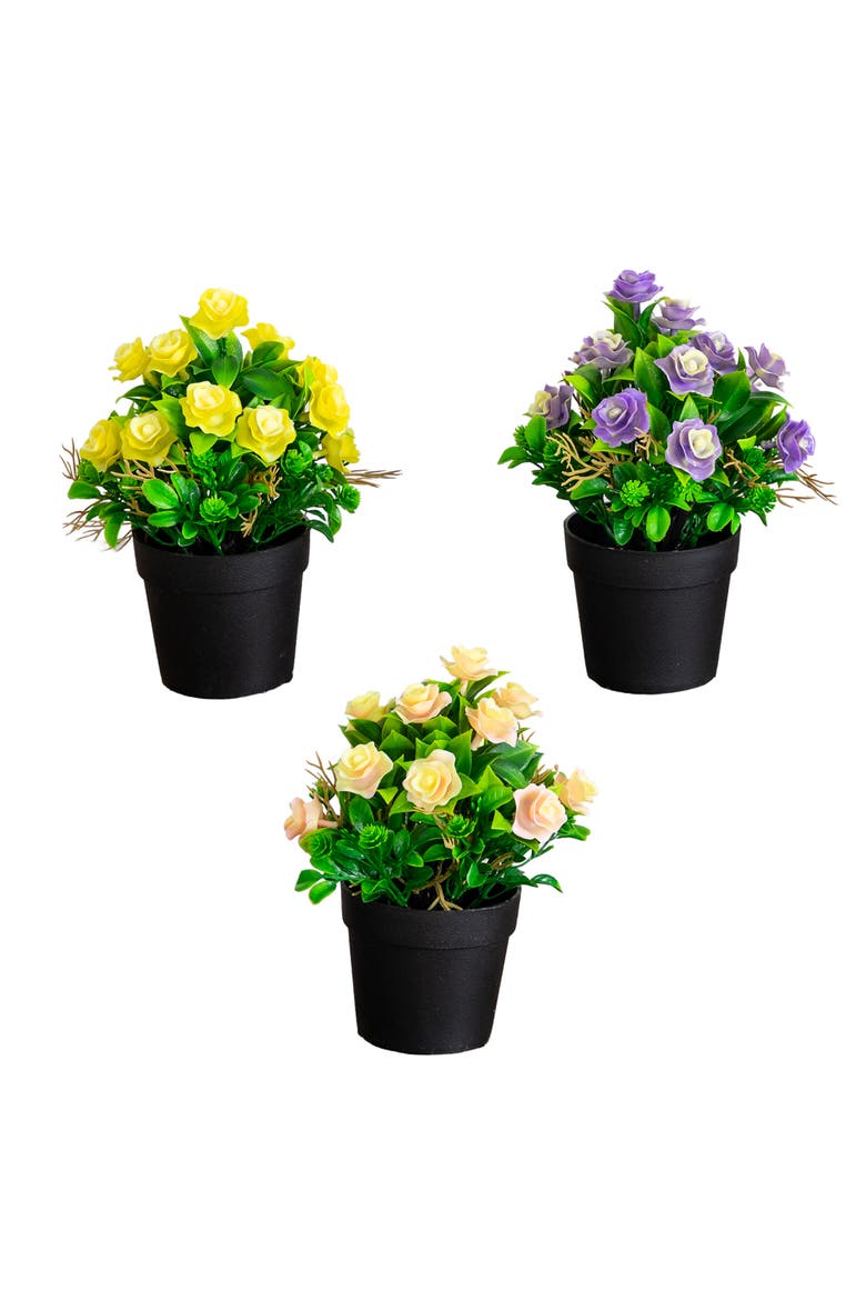 8-in Artificial Rose Plant in Black Pot - Set of 3, Main, color, Assorted