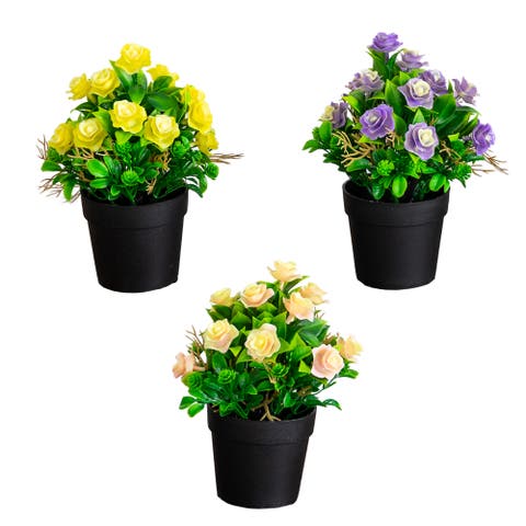 8-in Artificial Rose Plant in Black Pot - Set of 3