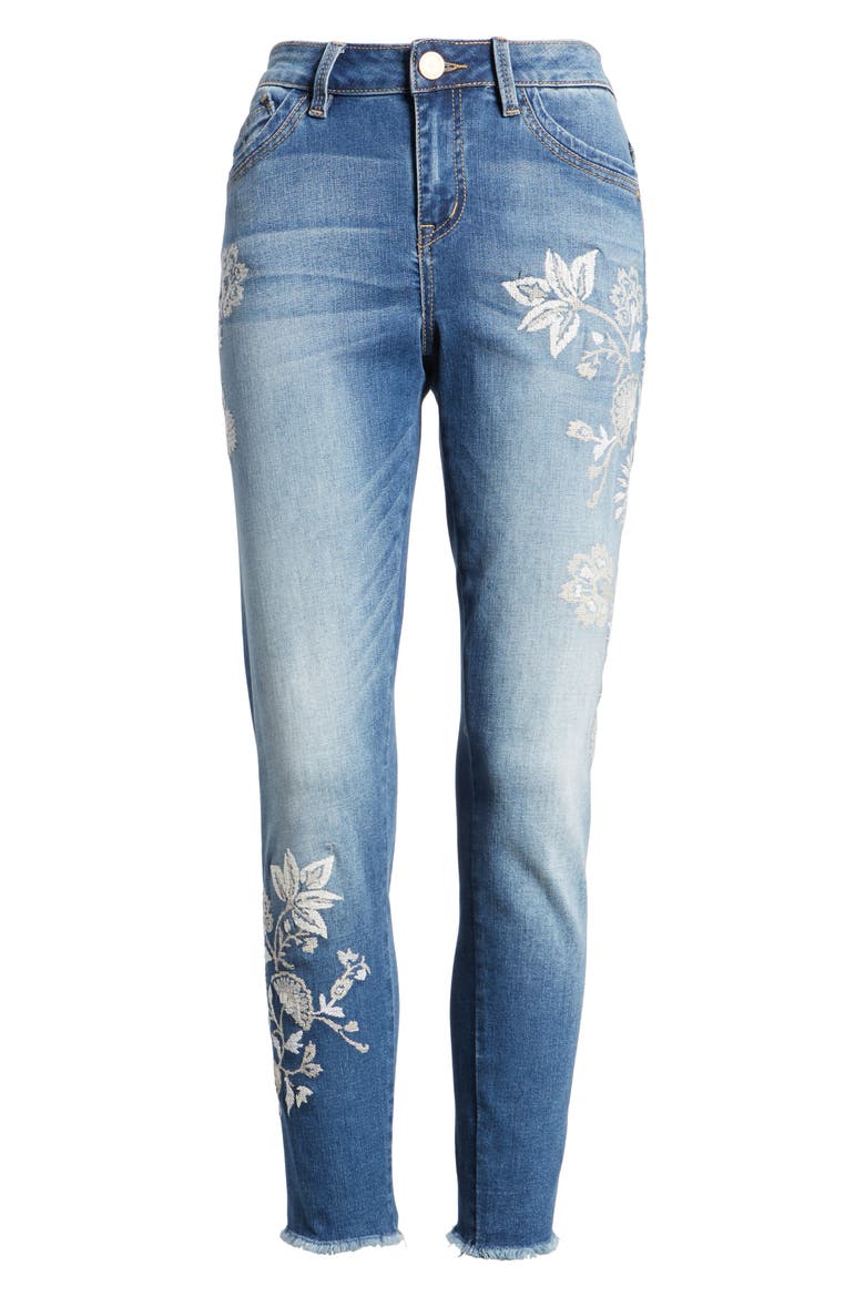 Embroidered Frayed Hem Ankle Jeans (Nordstrom Exclusive), Alternate, color, LIGHT BLUE / WHITE