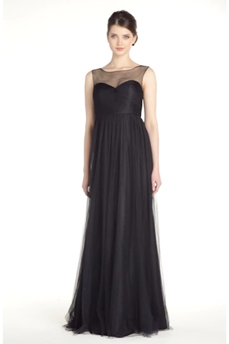 Aria Illusion Yoke Pleated Tulle Gown, Alternate, color, ONYX