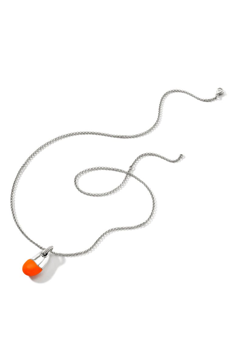 John Hardy Pebble Silver Diamond Pavé (0.04ct) Pendant on 2mm Rolo Chain Necklace with Neon Orange Enamel, Alternate, color, Orange