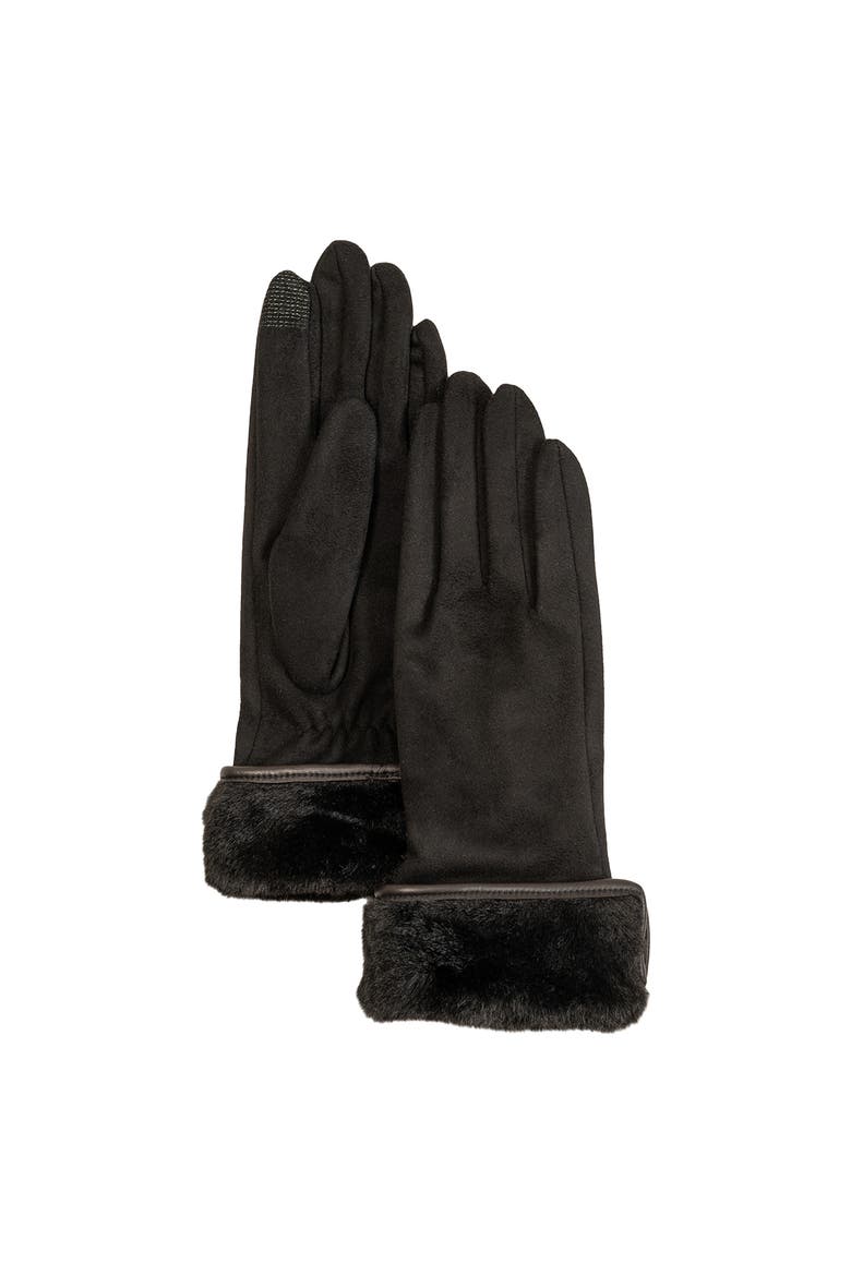 Stretch Suede Fold-Up Faux Fur Cuff Gloves, Alternate, color, Black
