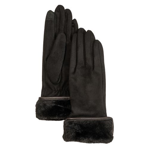 Echo Stretch Suede Fold-up Faux Fur Cuff Gloves In Black
