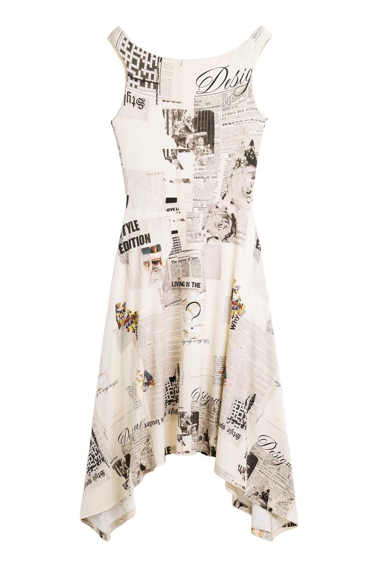 Newspaper Print Handkerchief Hem Dress, Alternate, color, WHITE