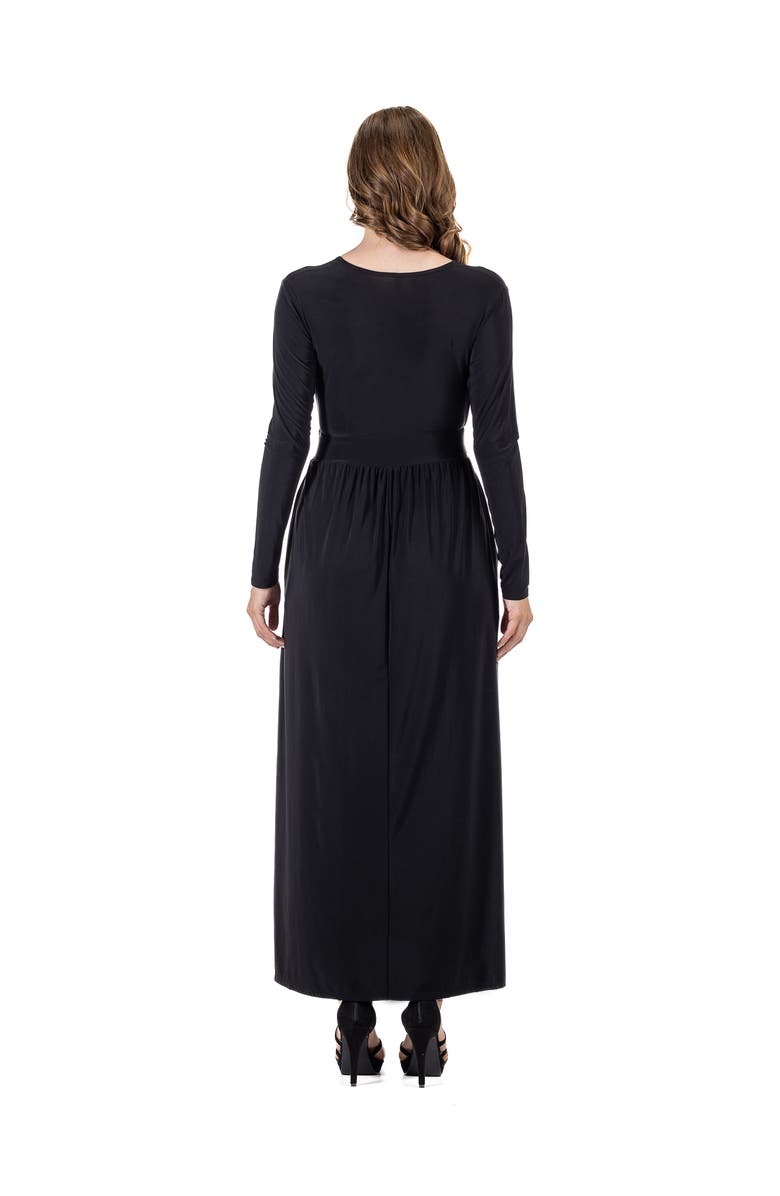 24seven Comfort Apparel Womens Long Sleeve V-neck Side Slit Maxi Dress, Alternate, color, Black