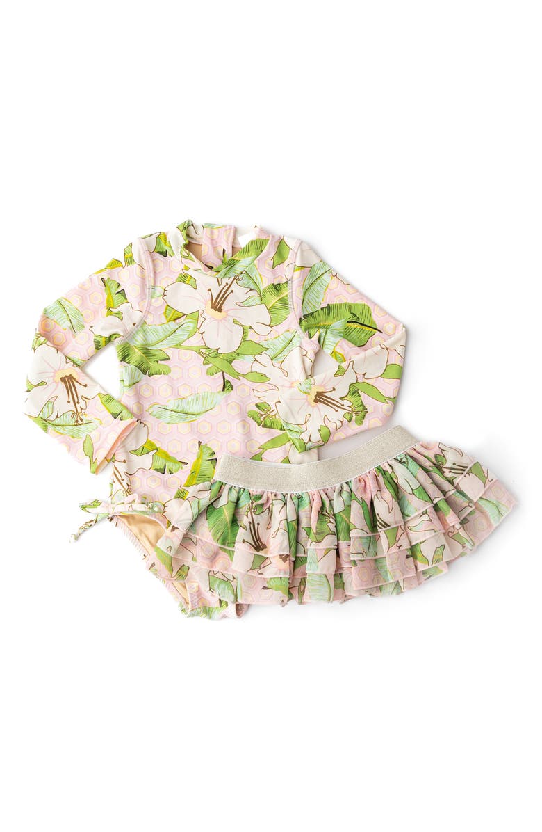 Shade Critters Hibiscus Long Sleeve One-Piece Swimsuit & Cover-Up Skirt Set, Main, color,