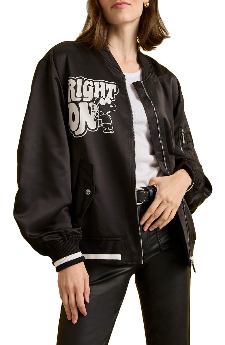 Sanctuary x Peanuts 75th Anniversary Right On Satin Bomber Jacket, Alternate, color, Black
