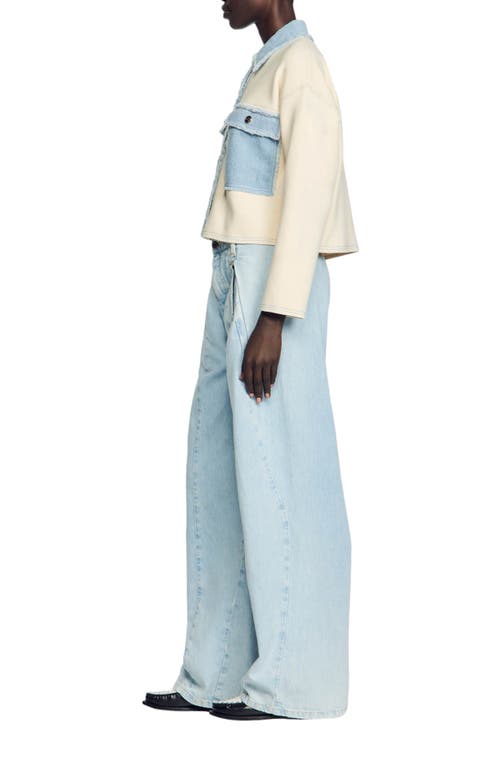Sandro Dolly Denim Trim Button-up Sweater In Ecru