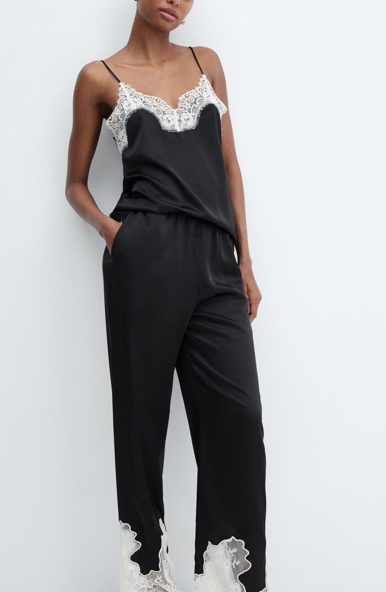 MANGO Lace Hem High Waist Pants, Alternate, color,