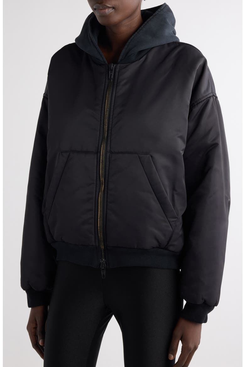 Hooded Nylon Bomber Jacket, Alternate, color, BLACK