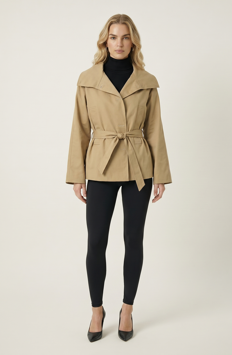 Modenaire Belted Wide Lapels Wrap Jacket, Alternate, color, Tan
