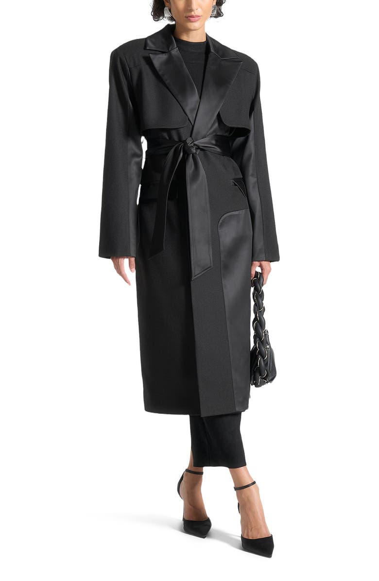 Manière De Voir Ilona Tailored Satin Trench Coat, Main, color, Black
