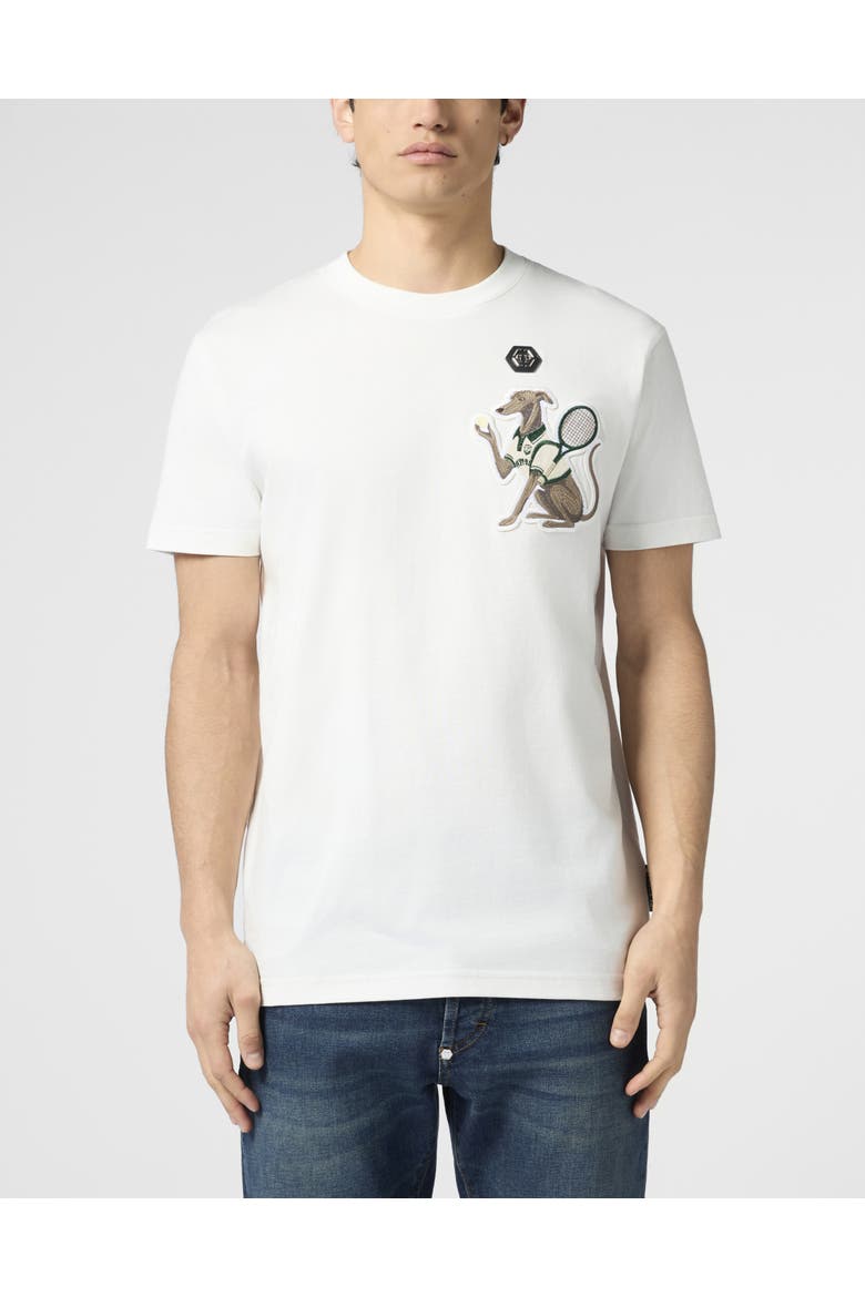 Round Neck T-Shirt Tennis Pet Patch Men, Main, color, OffWhite
