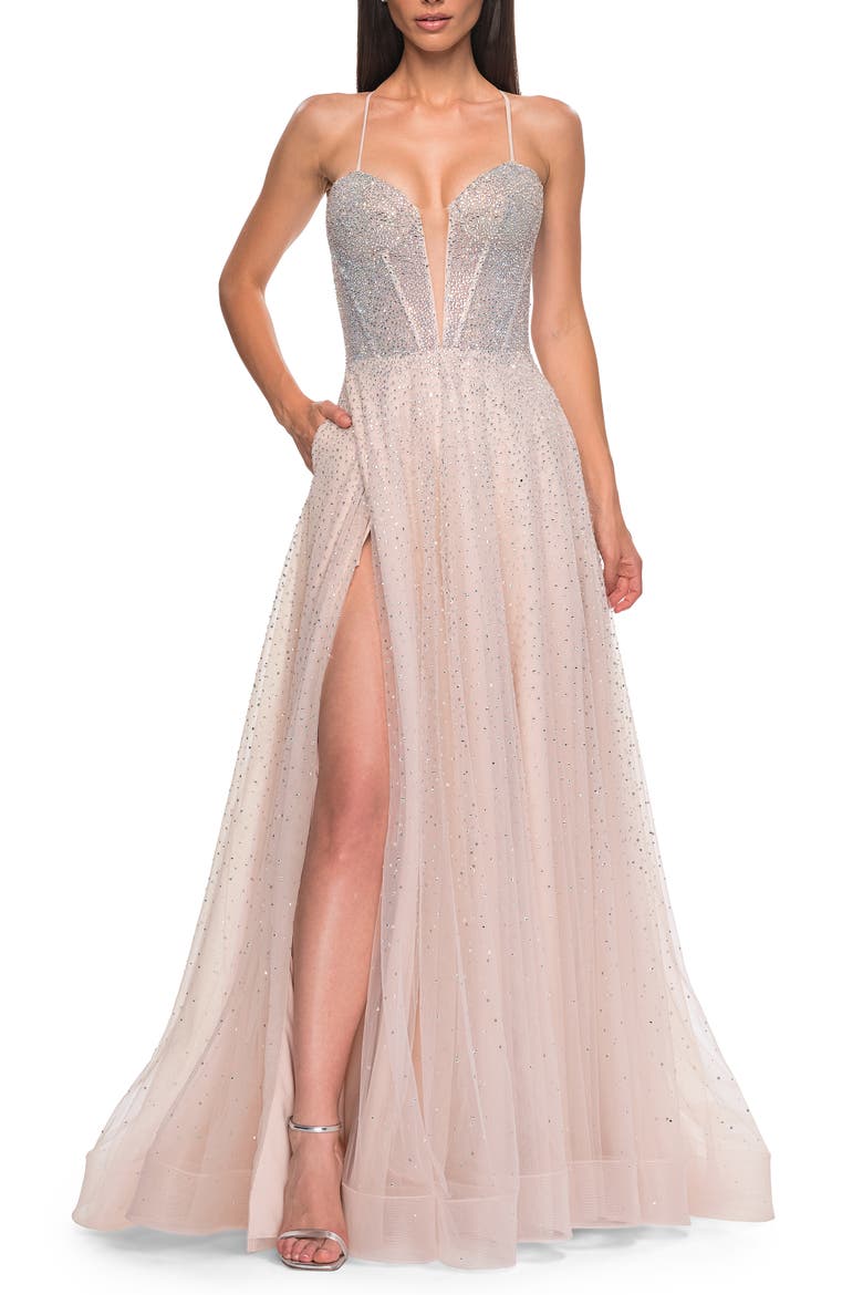 Prom Gown with Rhinestone Tulle and Illusion Corset Bodice, Alternate, color, Blush