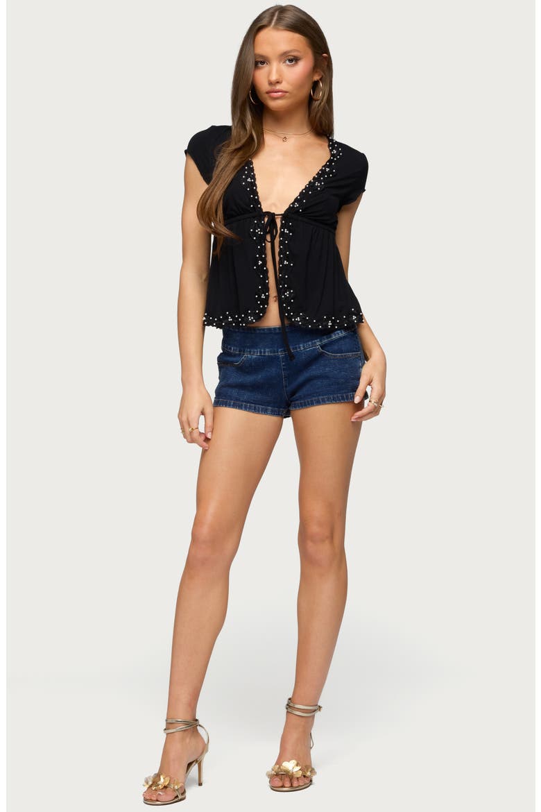 Sepede Lacey Faux Pearl Tie Front Top, Alternate, color, BLACK