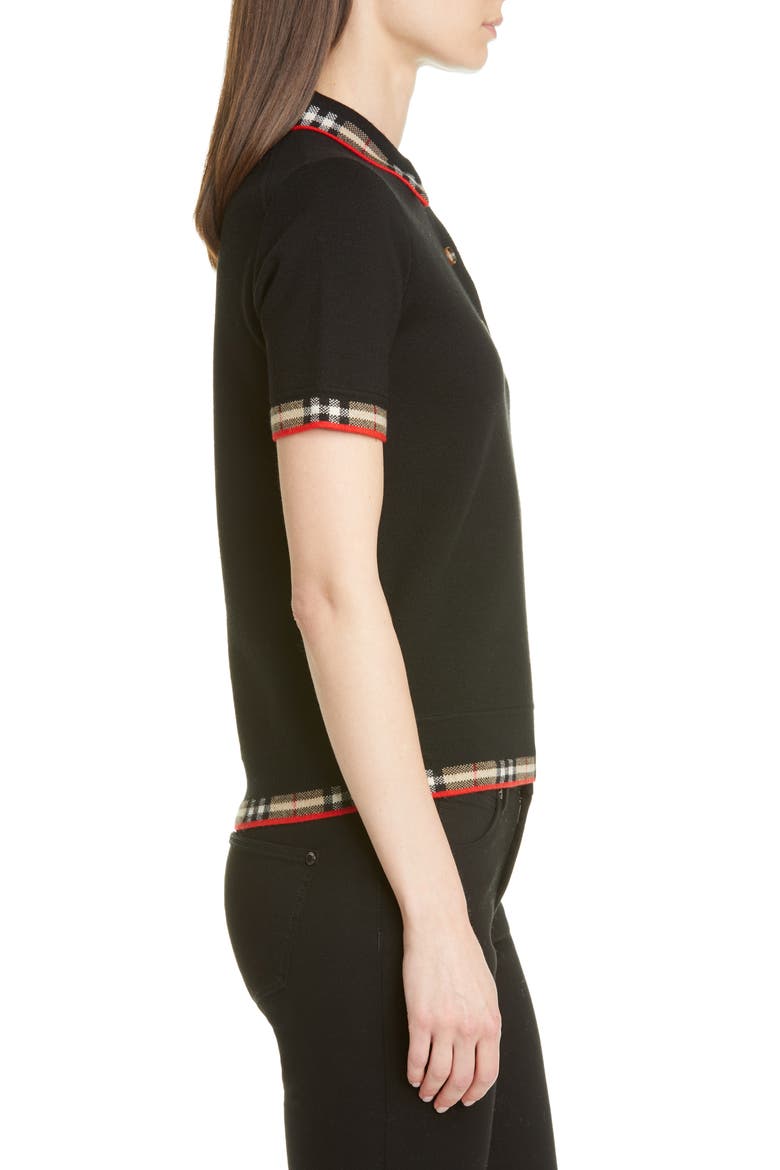 Lola Check Trim Merino Wool Blend Polo Sweater, Alternate, color, BLACK