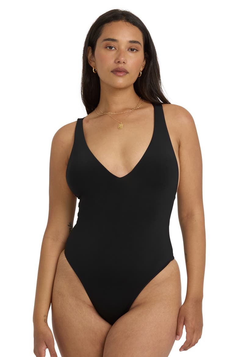 Sol Searcher Open Back One-Piece Swimsuit, Alternate, color, BLACK PEBBLE