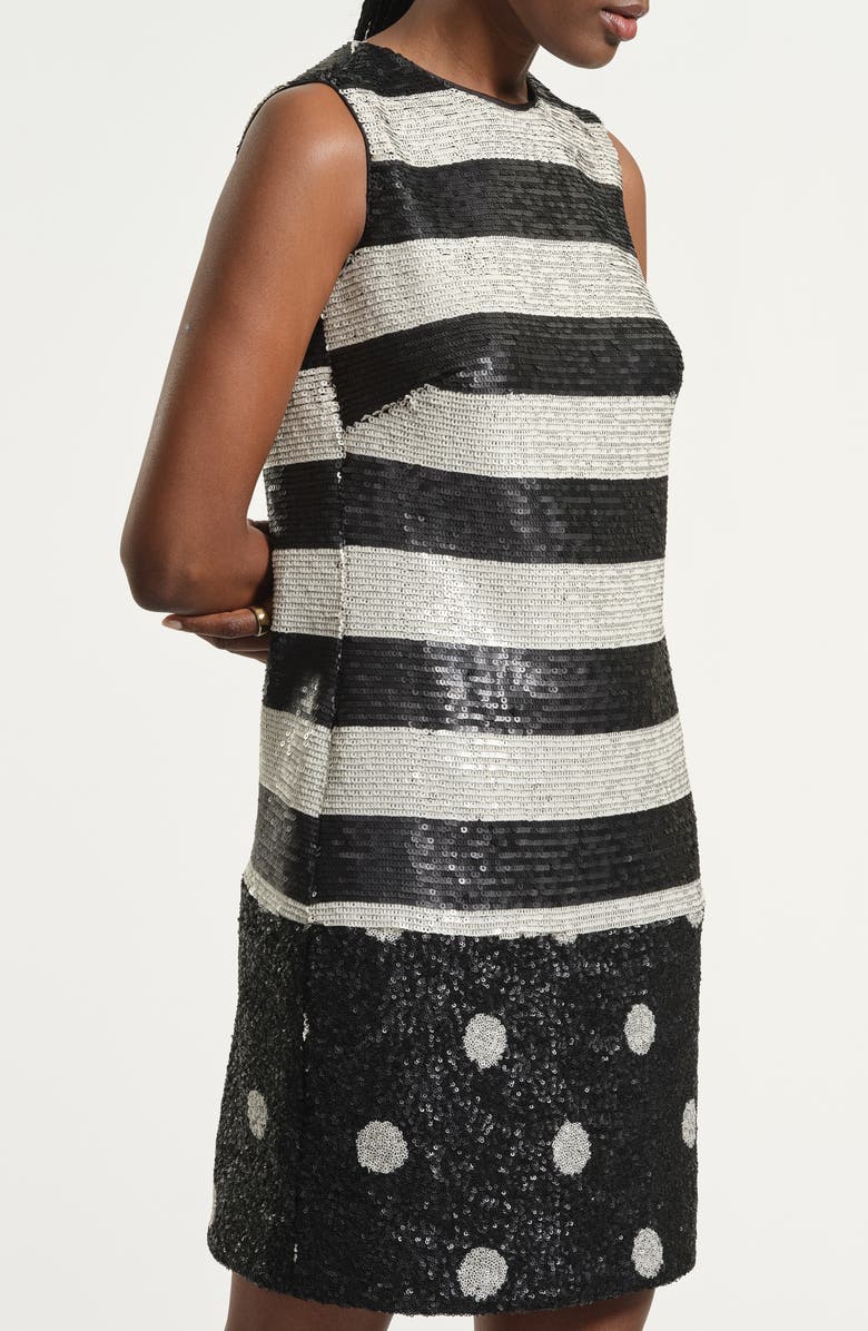 Isaac Mizrahi New York Mixed Print Sequin Shift Dress, Alternate, color, Black White Dot