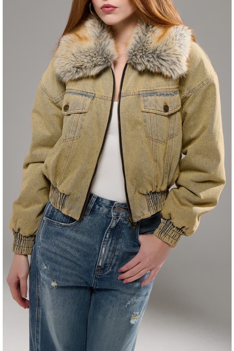 Evra Faux Fur Collar Denim Bomber Jacket, Alternate, color, DENIM